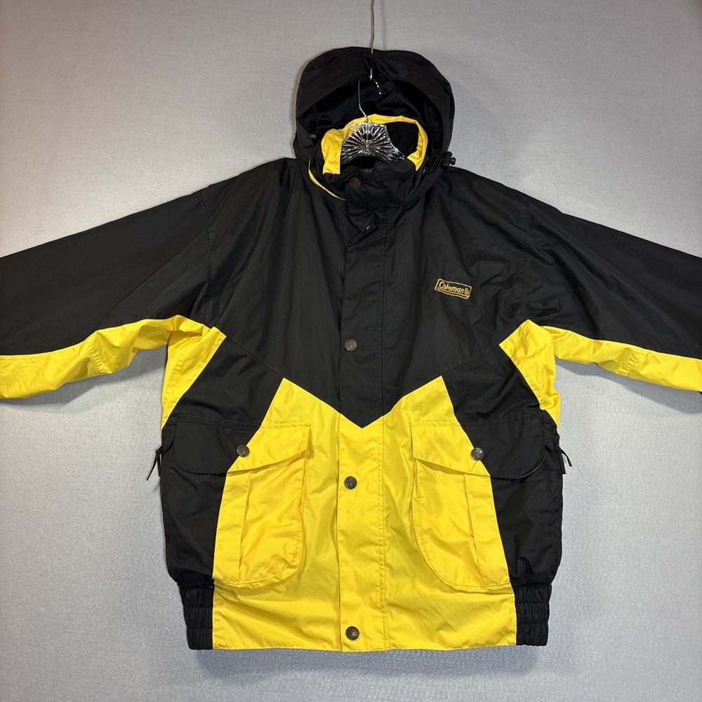 Coleman‎ Black Yellow Hooded Waterproof Windbreaker Rain Jacket Mens Size Medium